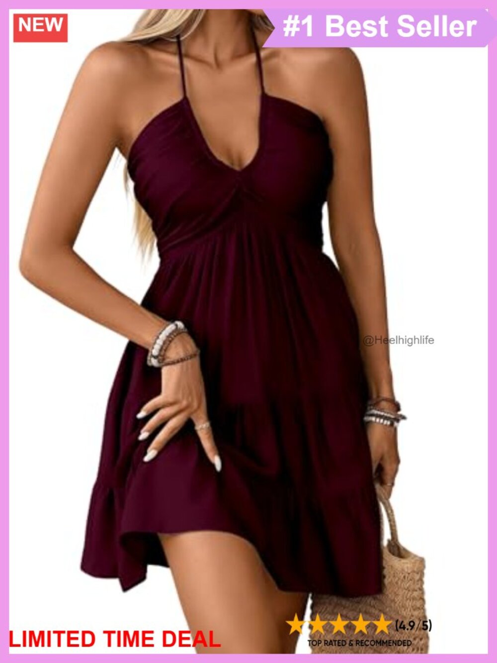 Women's Halter Neck Backless A-Line Mini Dress Ruffle Hem Sleeveless Summer